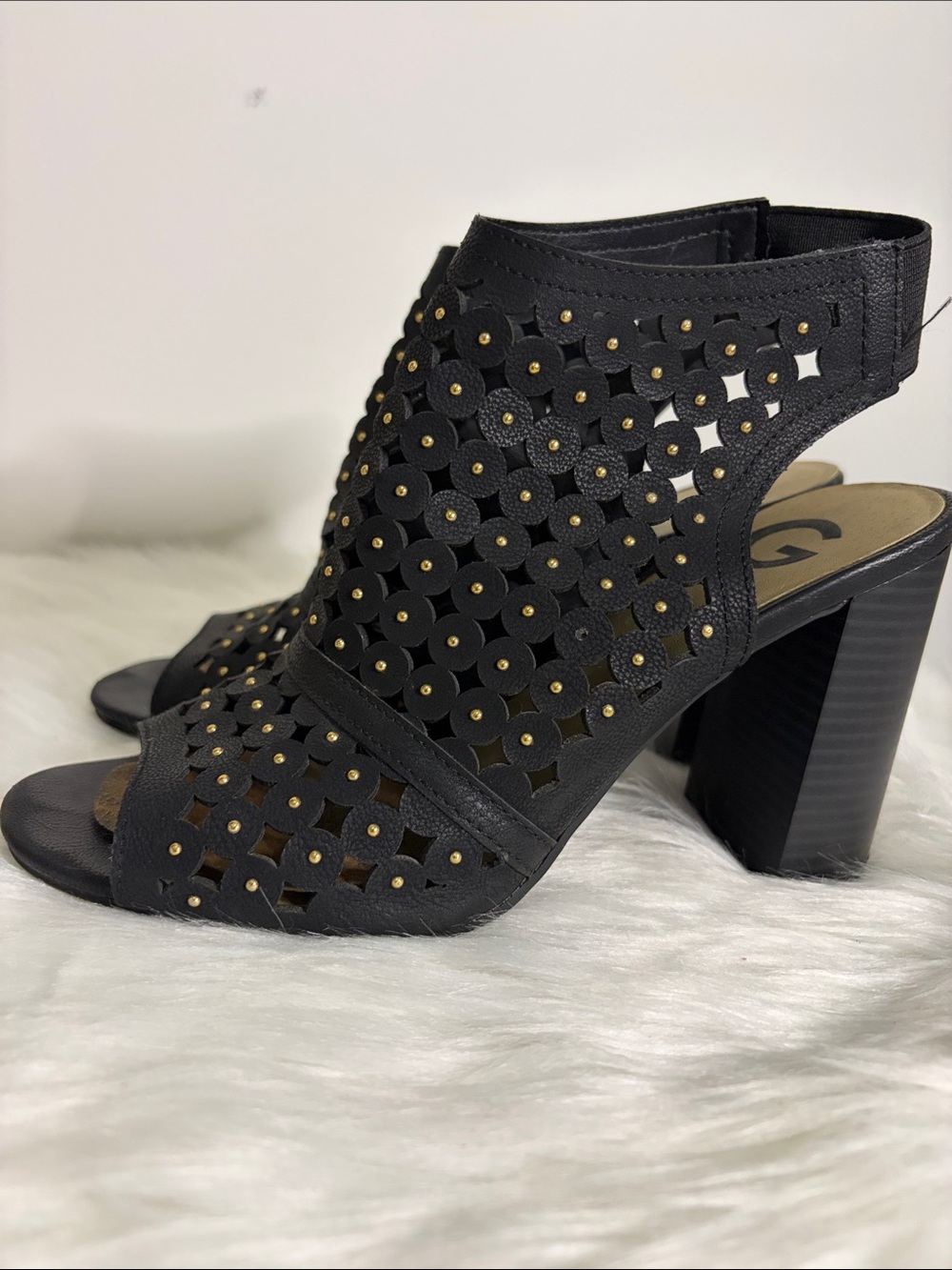 G by GUESS Black Laser Cut Studded Block Heel Sandals Size 8M